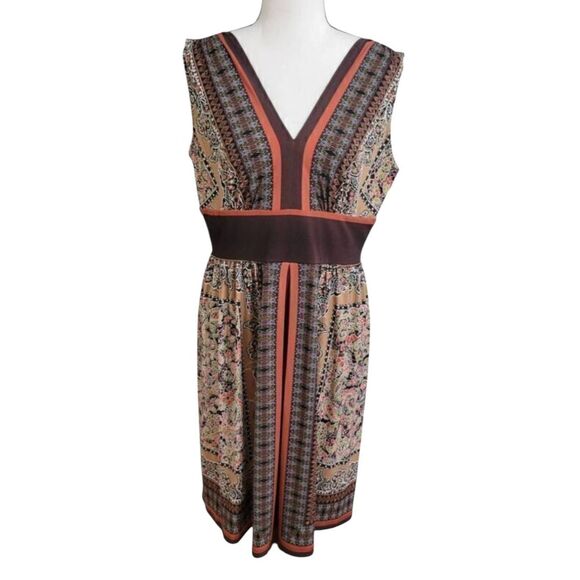 Soho Apparel LTD Dress Sz 10 Brown Multiprint Boho Retro Fitted Wasit Vneck - Picture 1 of 5